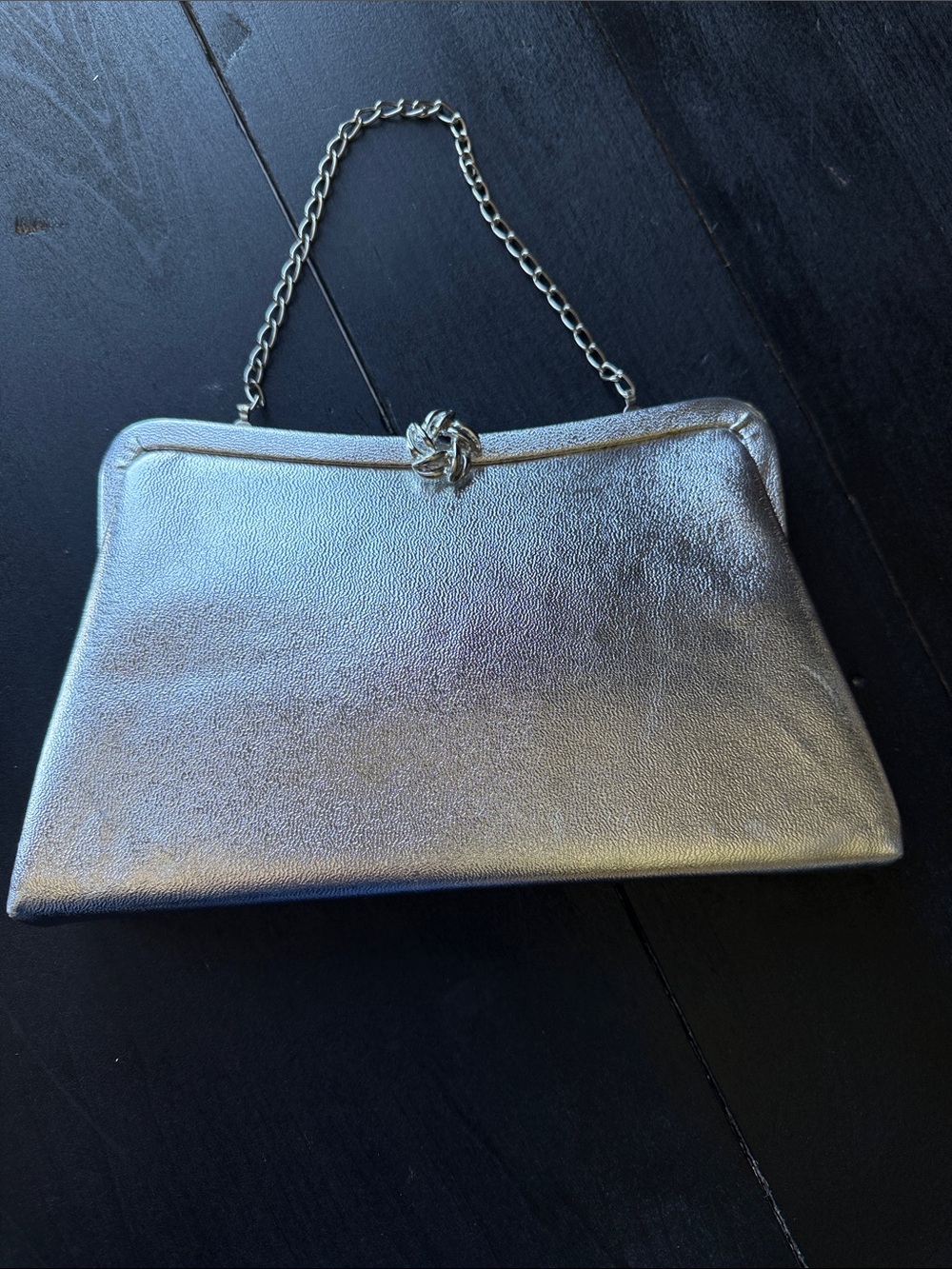 Vintage silver lamé evening clutch purse with chain handle, circa 1950s-1960s.